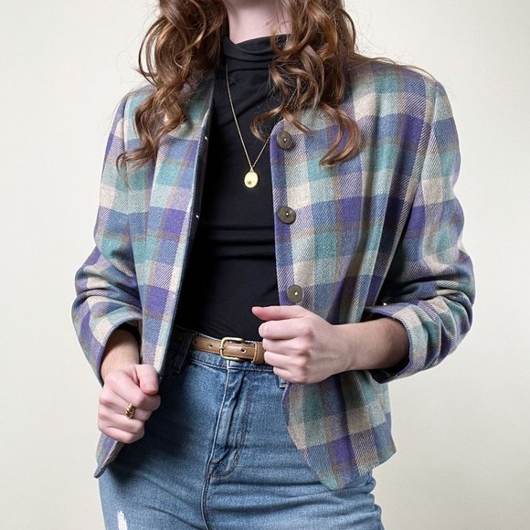 Vintage Union Made Plaid Oversized Cropped Blazer Jacket Coat Preppy Academia - Picture 3 of 8